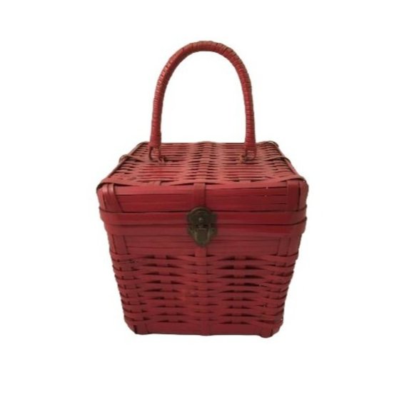 Red Box Bag Top Handle Basket Vintage Structured Design - Picture 10 of 10